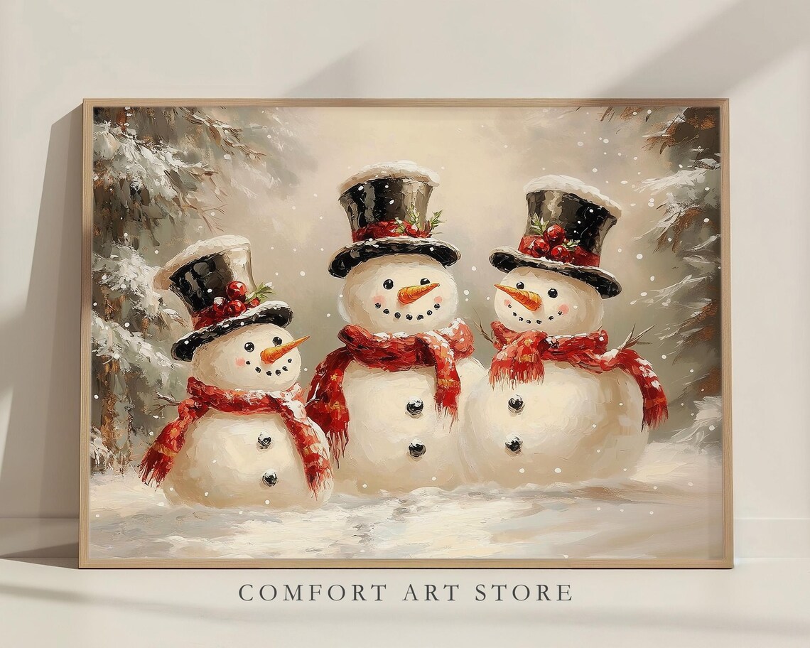 Jolly Three Happy Snowmen with Top Hats and Red Scarves Poster - Image 7