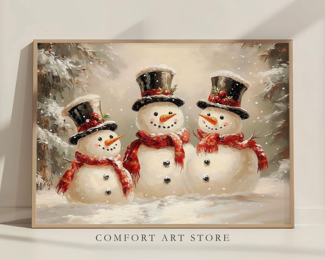 Vintage Christmas Snowman Print Christmas Wall Art Winter Holiday Antique Christmas Snowman Family Painting Snowman Wall Art Christmas Decor - Image 7
