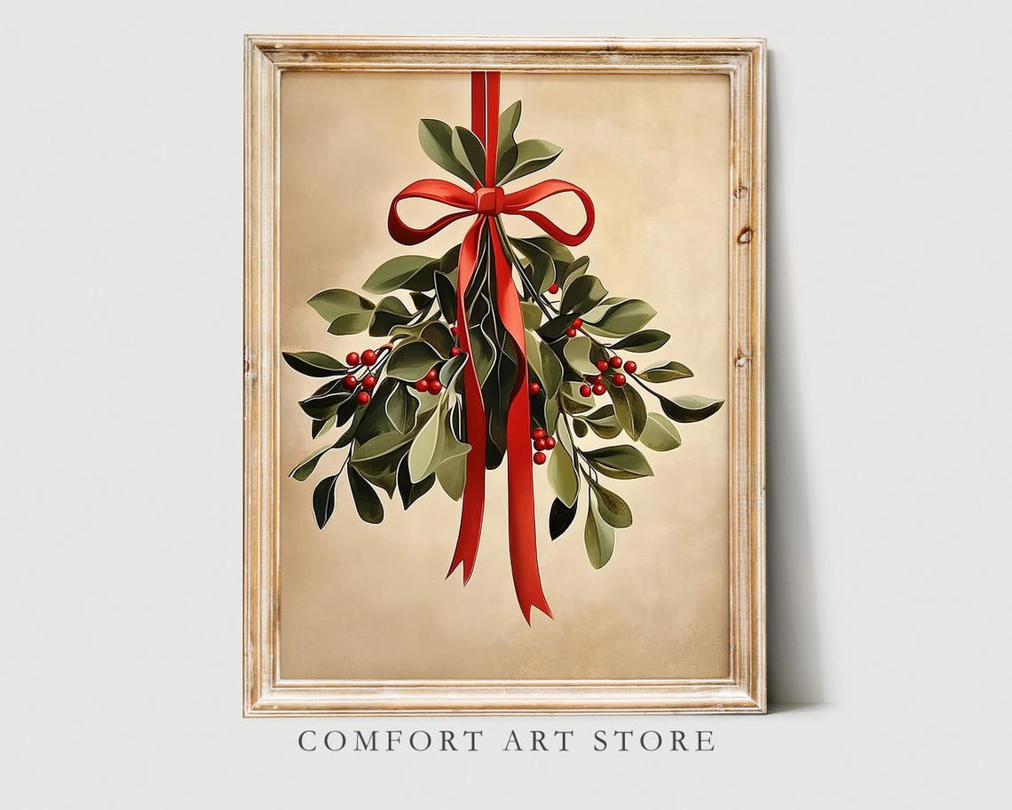 Christmas Mistletoe Sprig with Long Red Ribbon Holiday Print