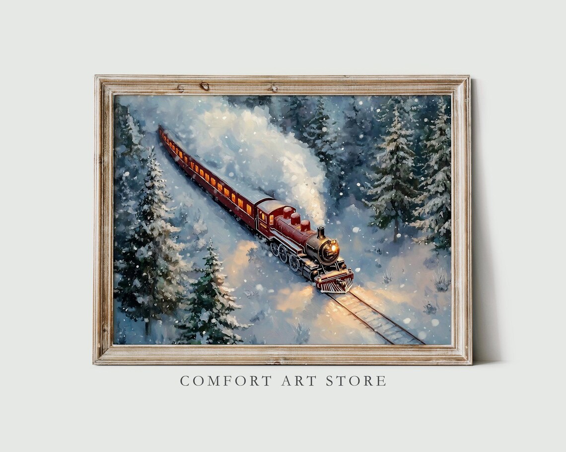 Red Steam Locomotive with Glowing Cars Crossing Snowy Pines Poster