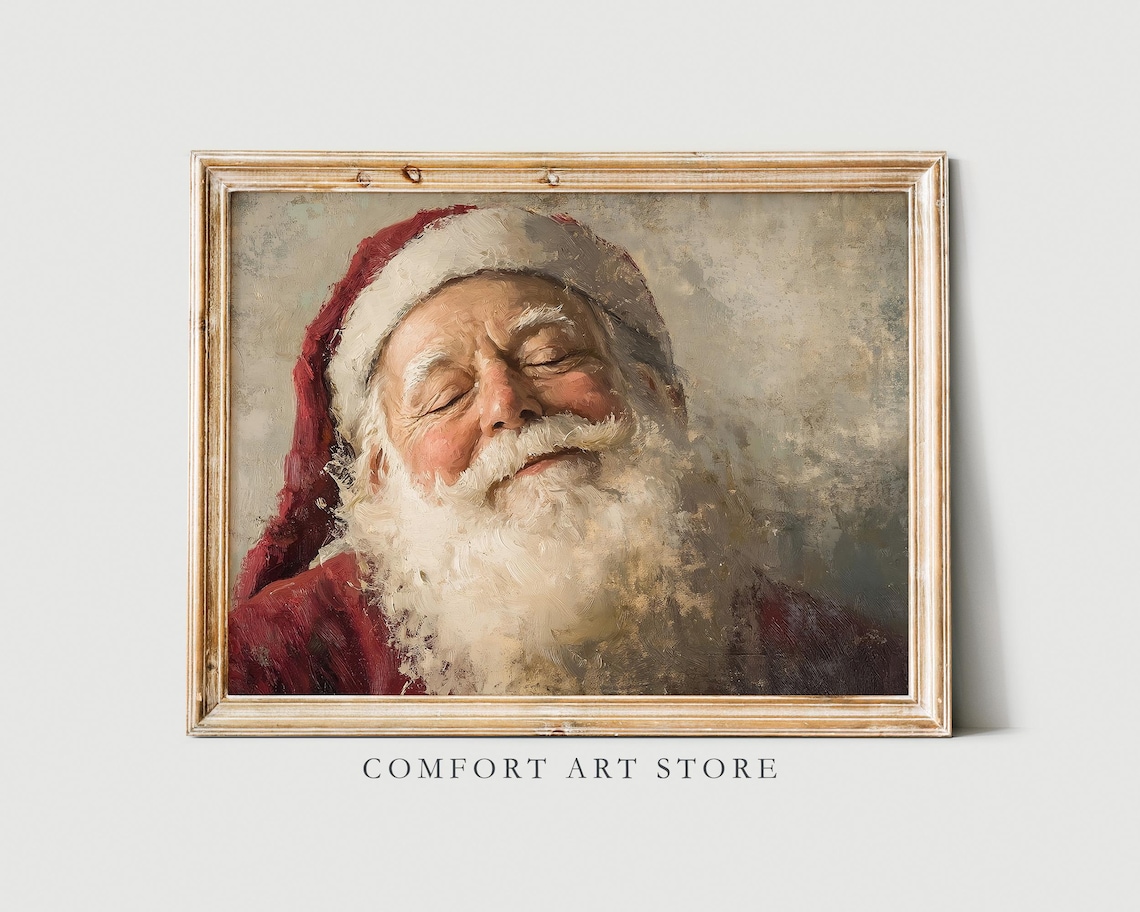 Antique Vintage Santa Claus Portrait Print Smiling Santa Claus Close Up Portrait Wall Art Christmas Scene Painting Neutral Print