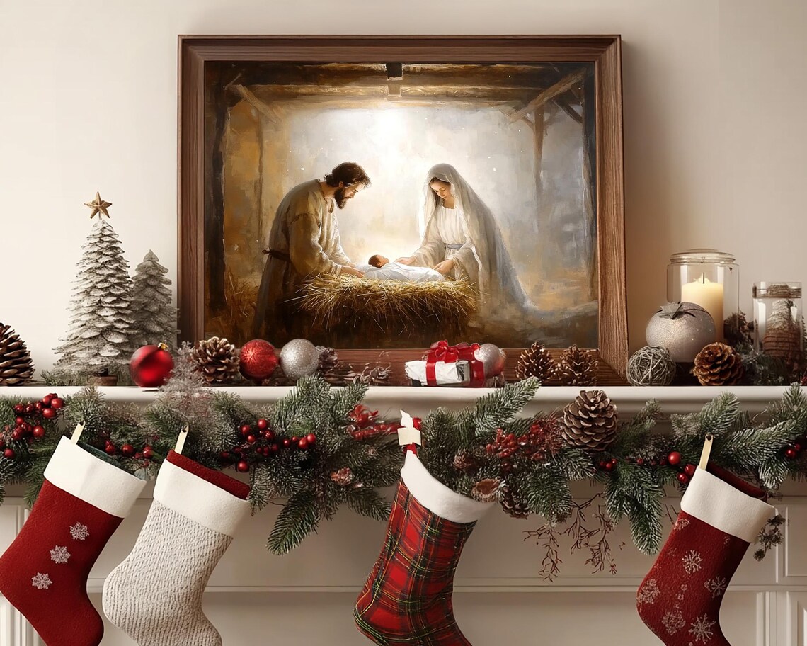 Mary and Joseph With Baby Jesus in the Manger Glowing Light Poster - Image 7