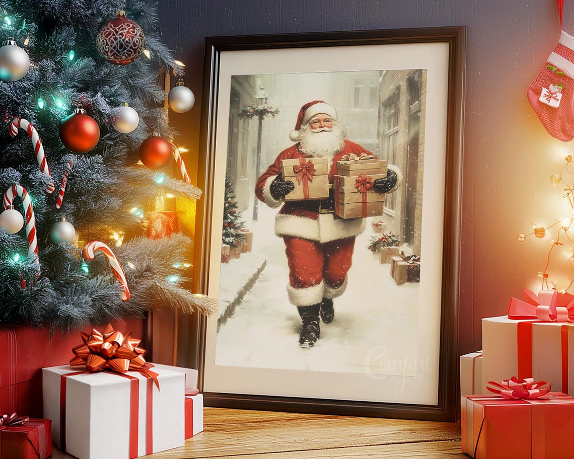 Cheerful Santa Claus Carrying Tall Stacks of Wrapped Gifts Wall Art - Image 6