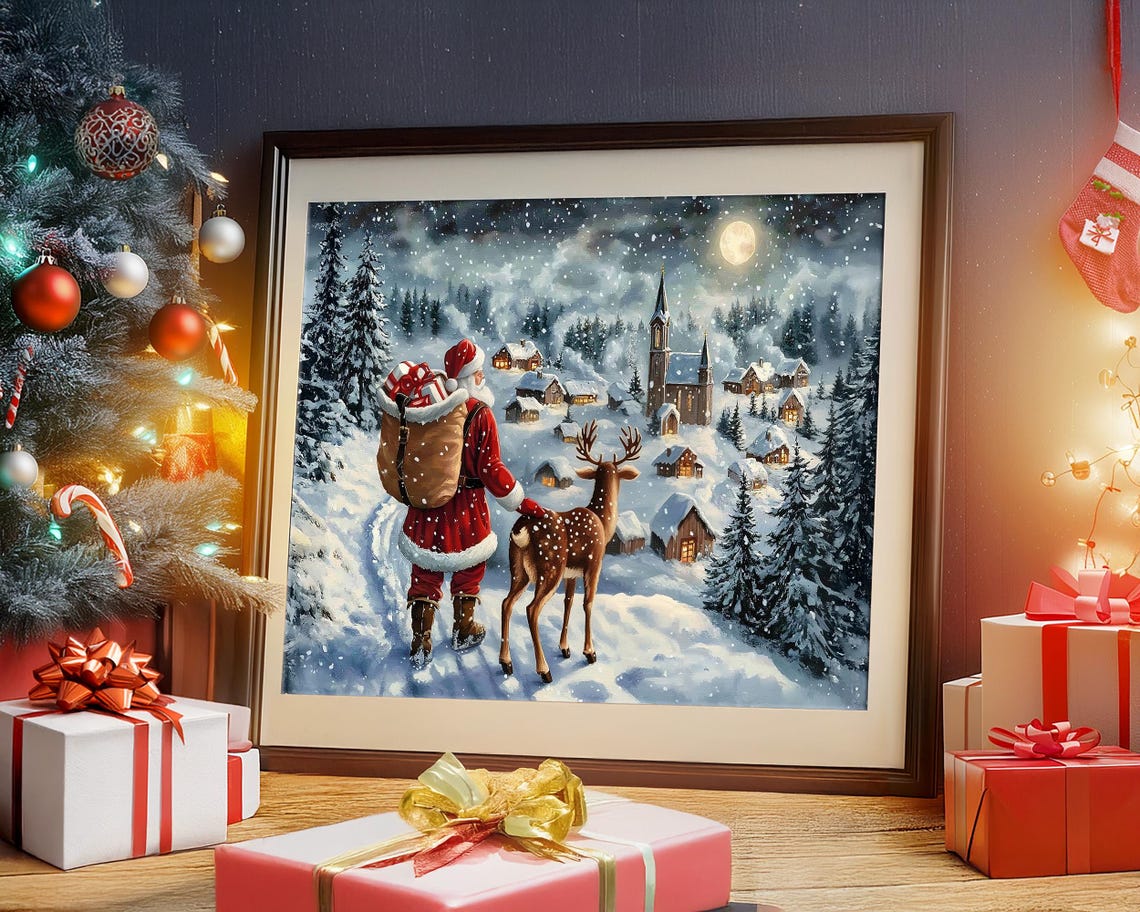 Christmas Wall Art Santa Claus Reindeer Print Dark Academia Winter Village Scene Snowy Holiday Decor Vintage Christmas Painting - Image 2