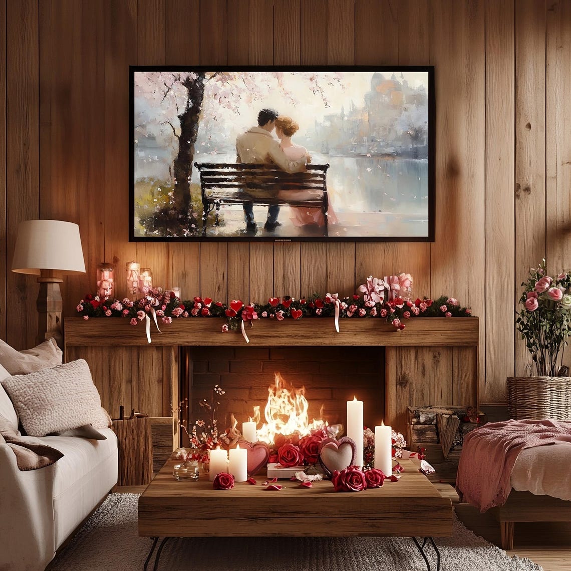 Embracing Couple Bench Blossom River Romantic Painting Decor Poster - Image 2