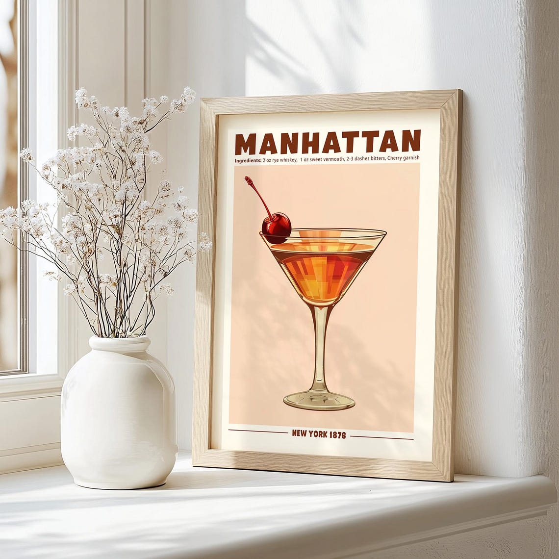 Classic Manhattan Cocktail With Cherry in a Coupe Glass Vintage Poster - Image 7