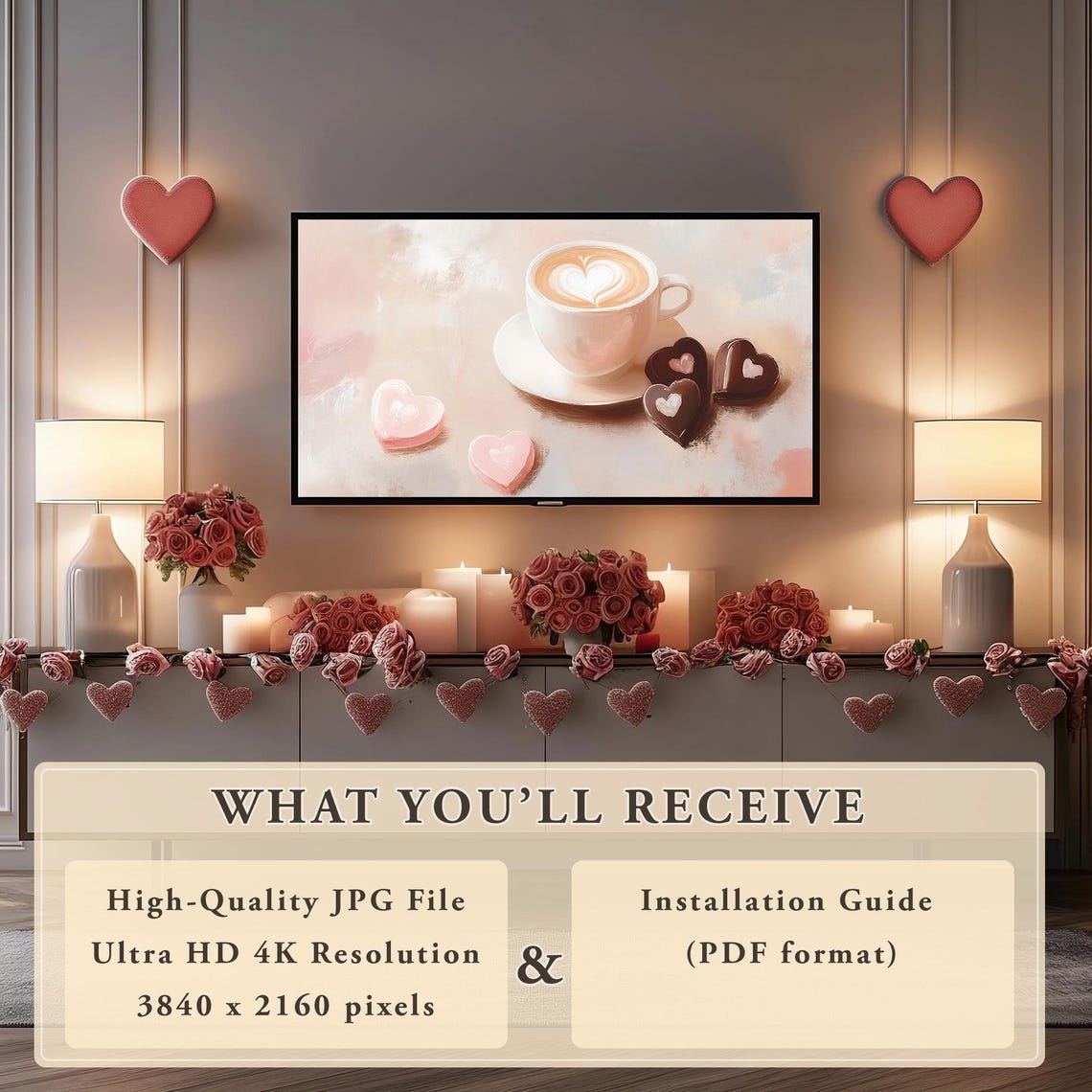 Valentines Coffee Latte Heart Art With Chocolates Frame TV Wall Art - Image 4