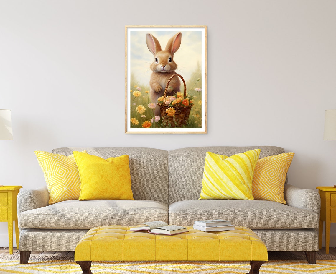 Cute Easter Bunny Spring Print Floral Easter Basket Easter Rabbit Easter Vintage Decor Wildflower Easter Farmhouse Wall Art - Image 2