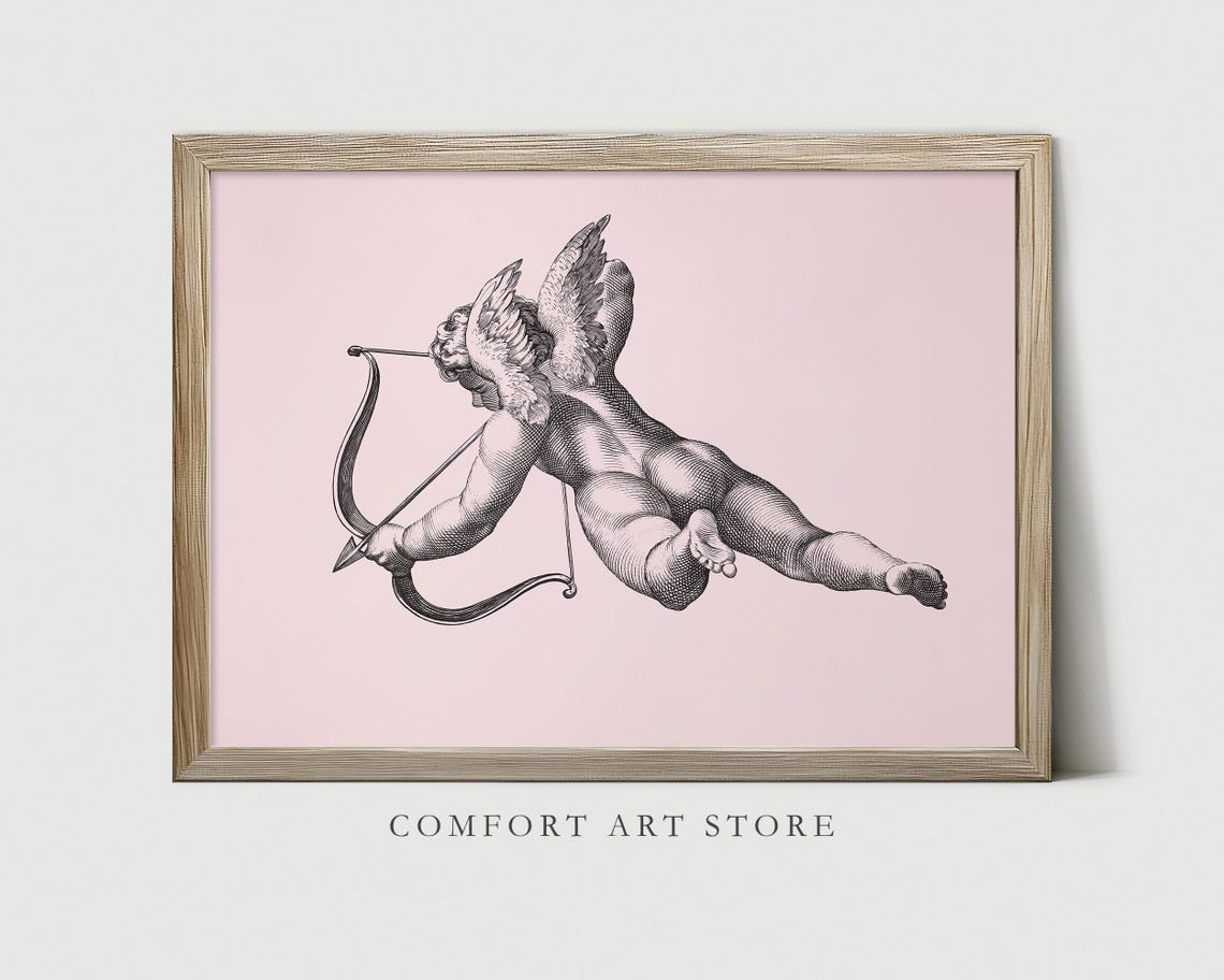 Cupid Cherub Engraving Pink Background Vintage Valentine Art Poster - Image 2