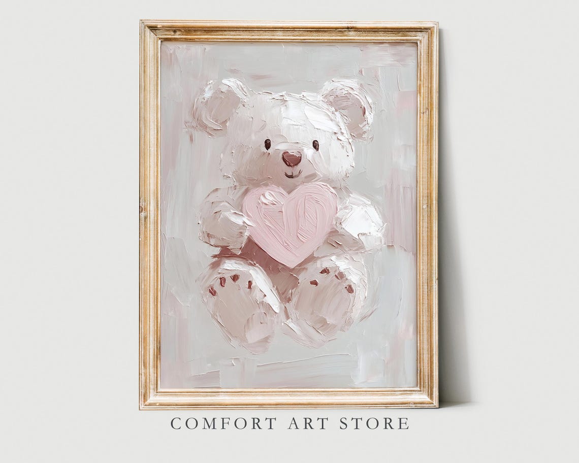Valentines Teddy Bear With Pink Heart Soft Impasto Nursery Wall Art