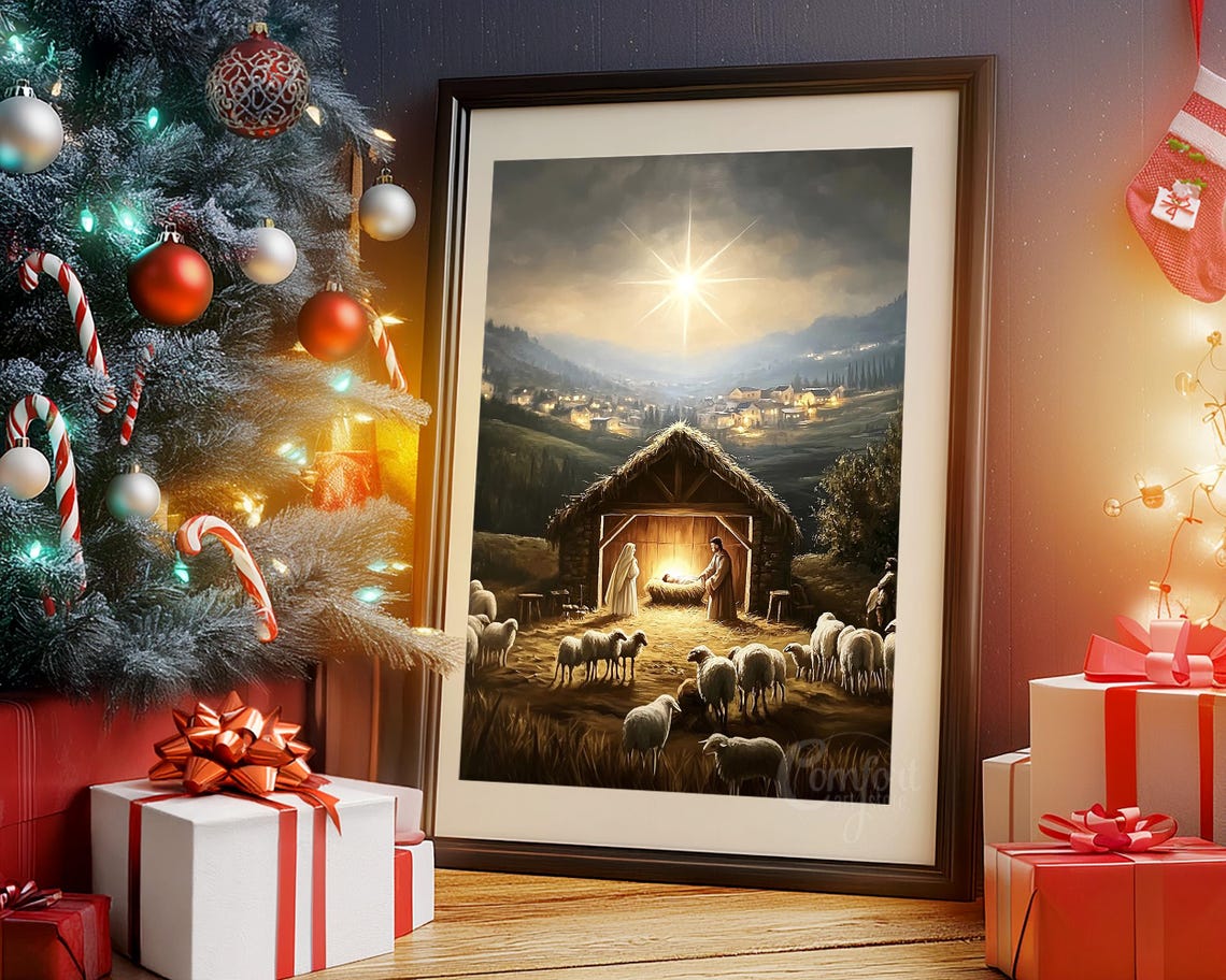 Nativity Scene with Shepherds Sheep and Bethlehem Star Poster - Image 5