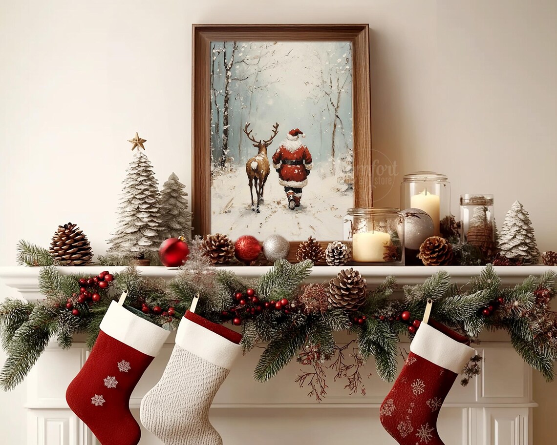 Antique Vintage Christmas Santa Claus Print Santa Claus Reindeer Wall Art Christmas Scene Neutral Print Holiday Winter Landscape - Image 3