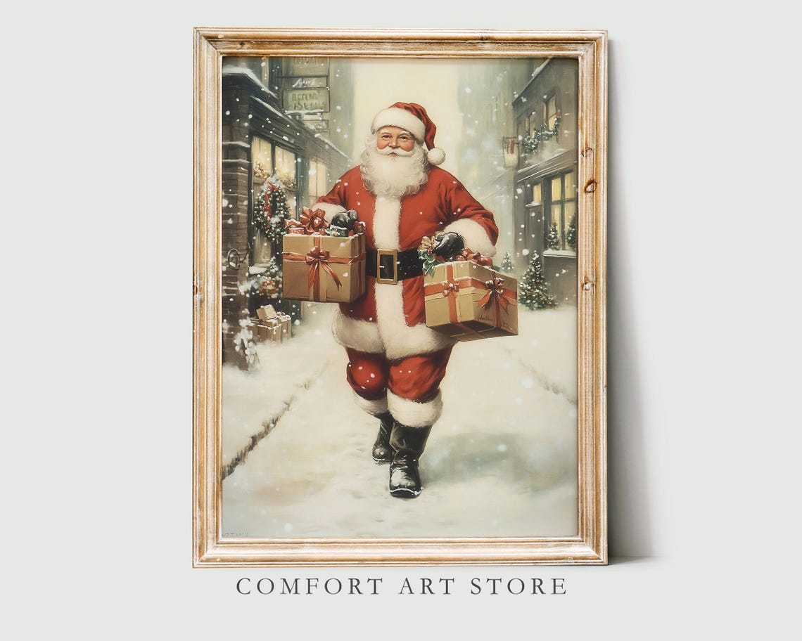 Santa Claus Delivering Presents on Snowy Main Street Wall Art