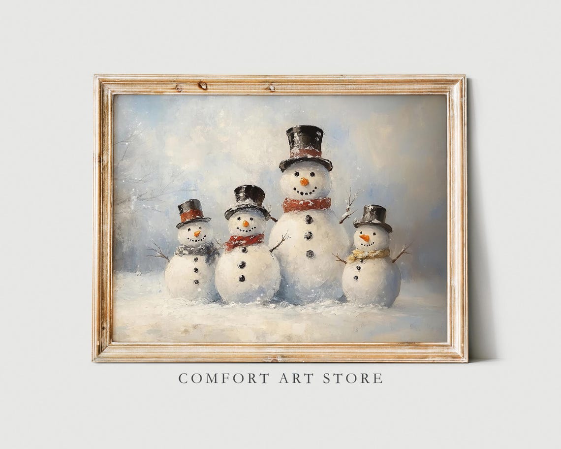 Antique Vintage Christmas Snowman Print Christmas Wall Art Winter Scene Holiday Art Snowman Family Christmas Painting Snowman Wall Art Decor