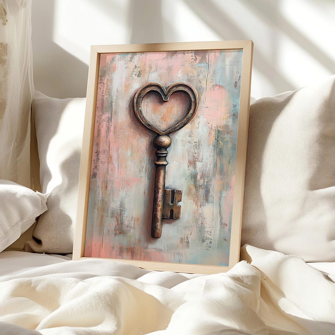 Antique Skeleton Heart Key Distressed Pastel Love Romance Wall Art - Image 2