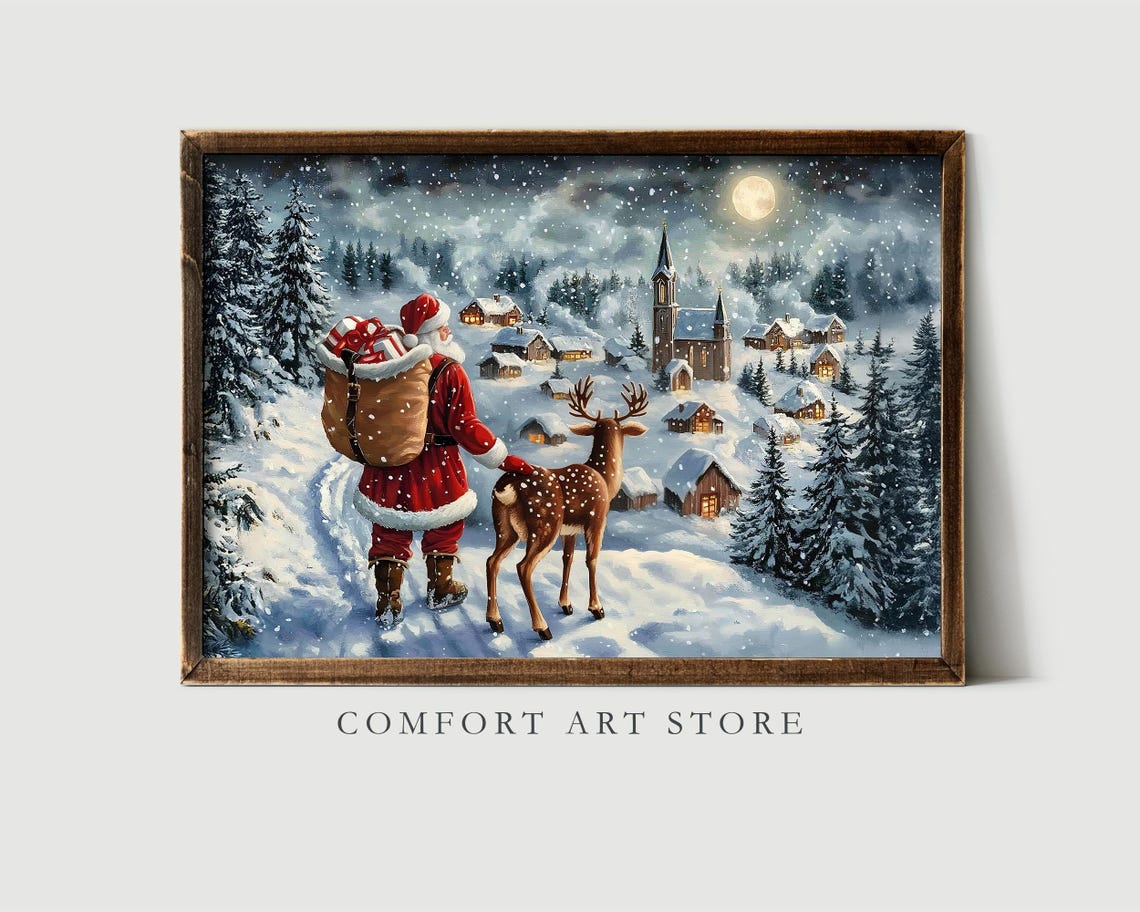 Santa Claus With Reindeer Over A Snowy Village Under Moonlight Print - Image 6