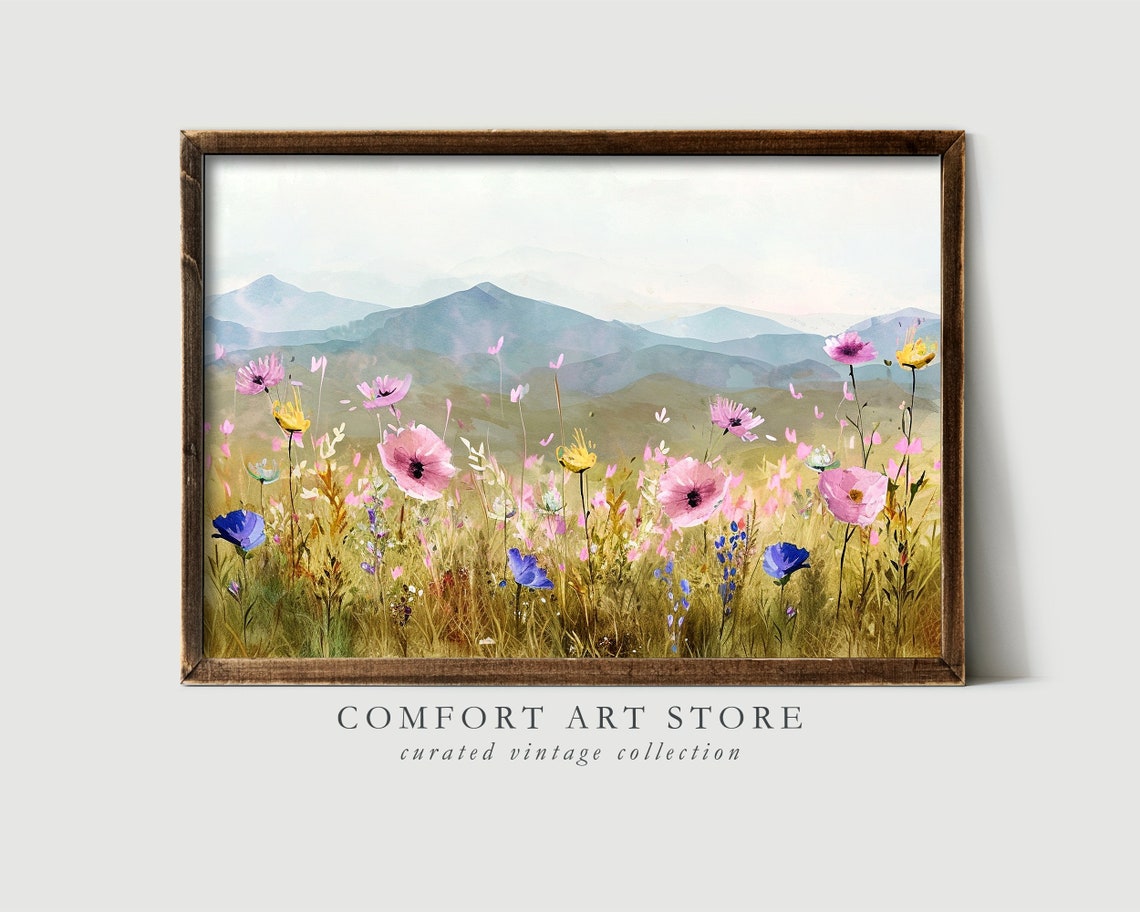Spring Wildflower Meadow Mountain Landscape Soft Pastel Wall Art - Image 3