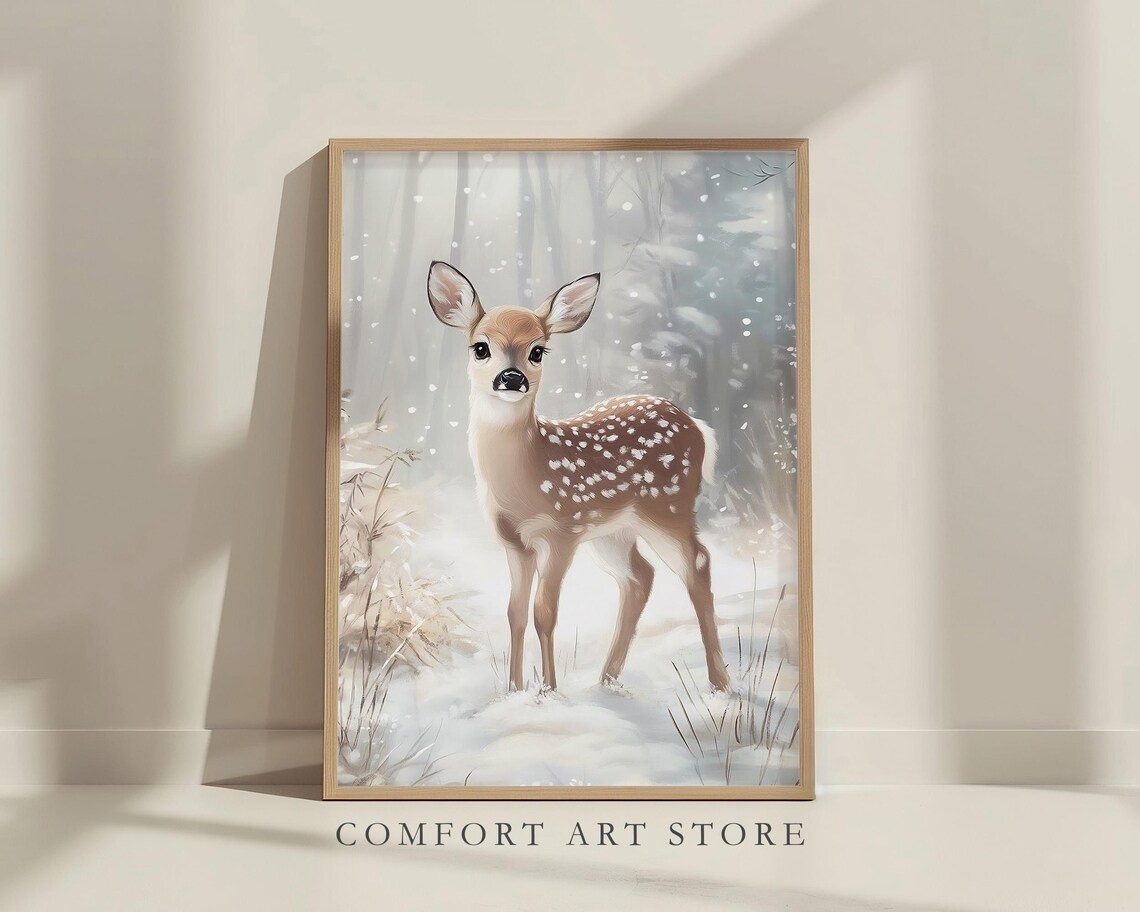Adorable Baby Deer Fawn Standing in Snowy Winter Forest Poster - Image 7