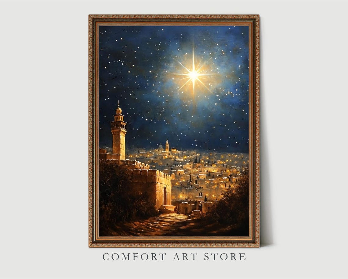 Bethlehem Night Sky With the Star Over an Ancient Stone City Poster - Image 2