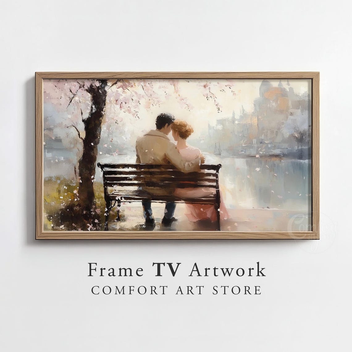 Embracing Couple Bench Blossom River Romantic Painting Decor Poster