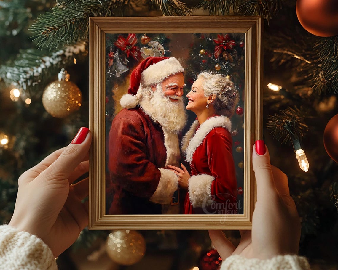 Santa and Mrs Claus Embracing in Front of Christmas Tree Poster - Image 5