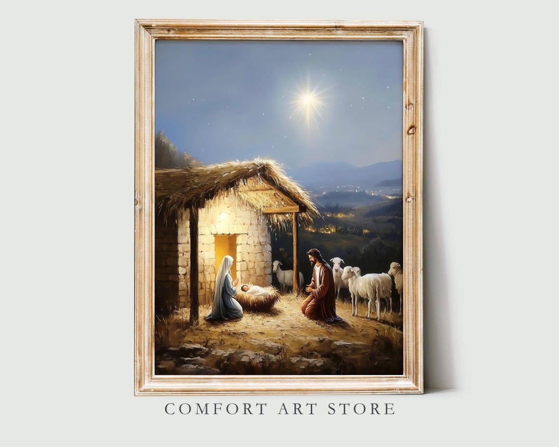 Silent Night Nativity Scene with Bethlehem Star and Sheep Poster
