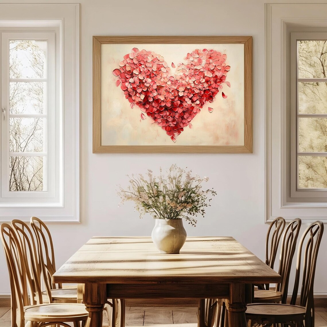 Pink Red Petal Heart Oil Painting Farmhouse Dining Decor Poster