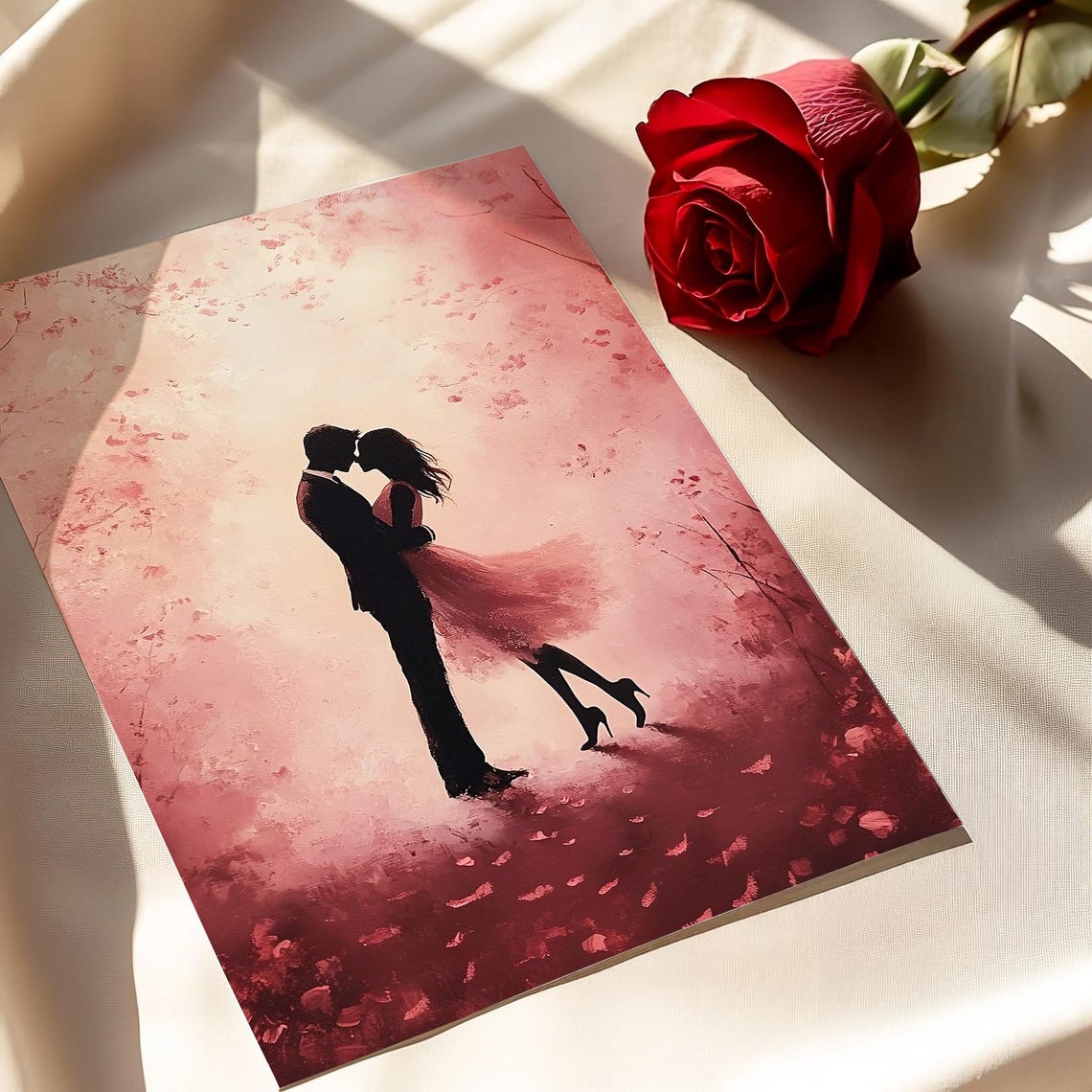 Romantic Couple Silhouette Embracing Under Pink Blossoms Poster - Image 4