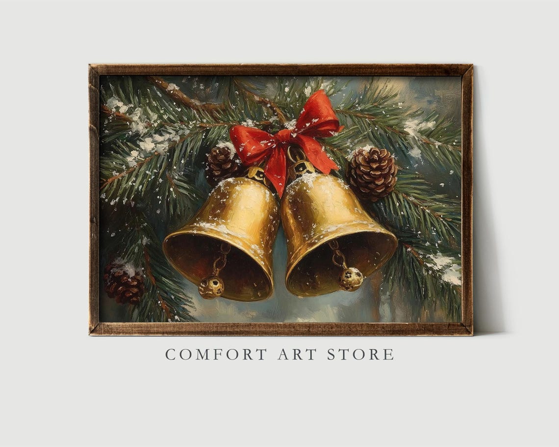 Vintage Christmas Jingle Bells Print Christmas Wall Art Winter Holiday Decor Antique Christmas Golden Bells Oil Painting Winter Pine Print - Image 2
