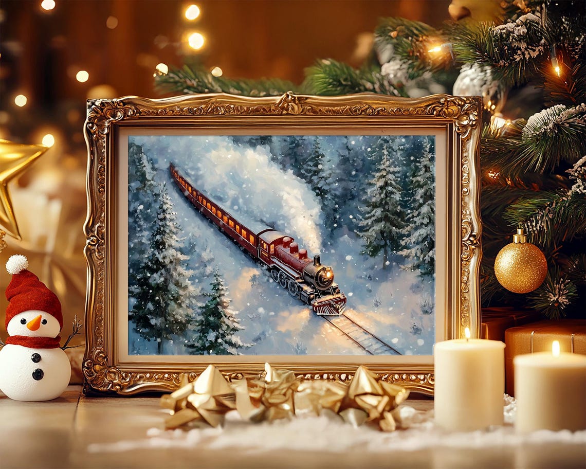Red Steam Locomotive with Glowing Cars Crossing Snowy Pines Poster - Image 7