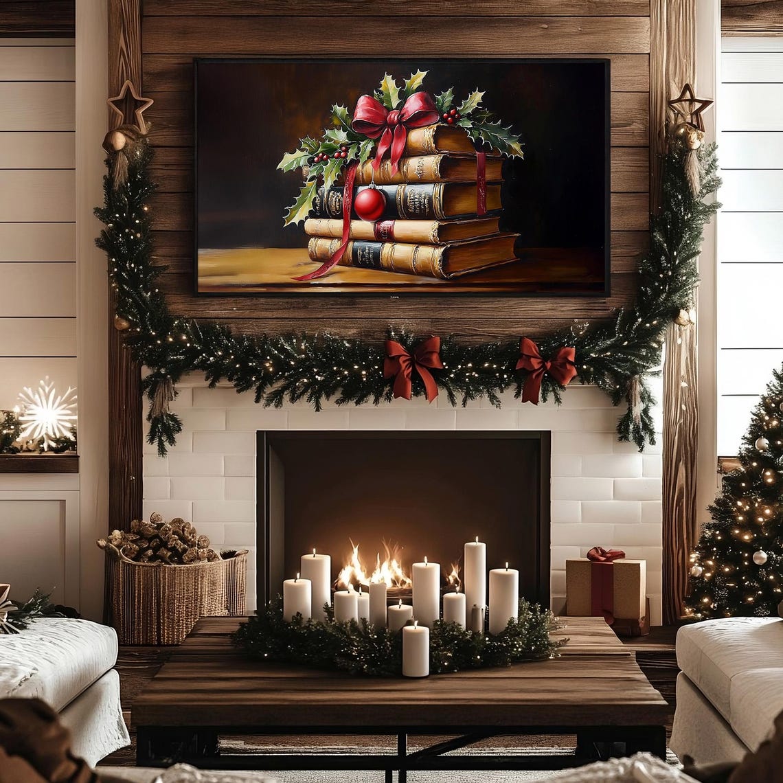 Antique Book Stack With Red Bow Holly and Christmas Ornament Poster - Image 2