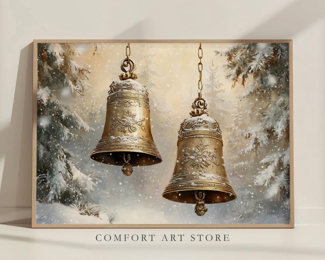 Engraved Brass Christmas Bells in a Snowy Forest Winter Poster - Image 2