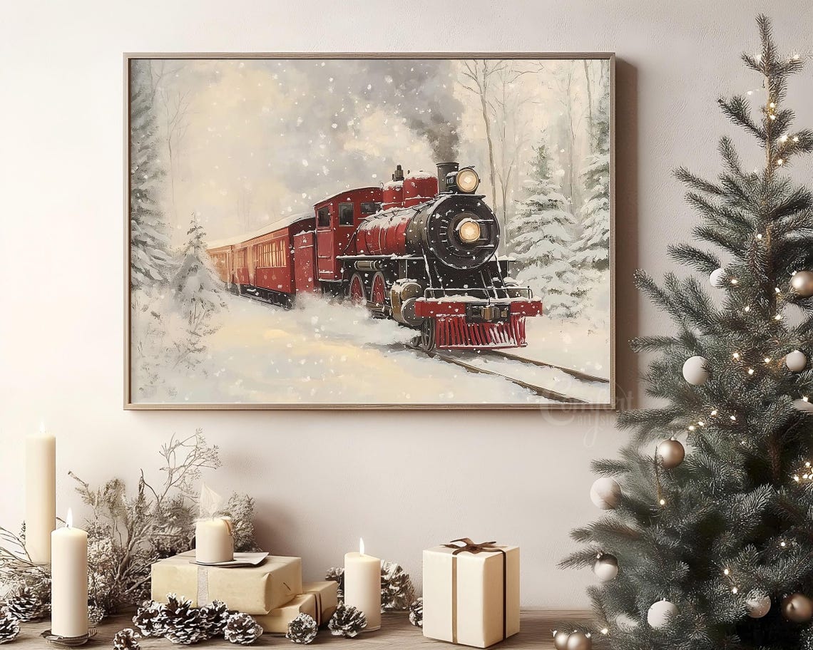 Red Passenger Train Rolling Through Winter Snowfall Wall Art - Image 4