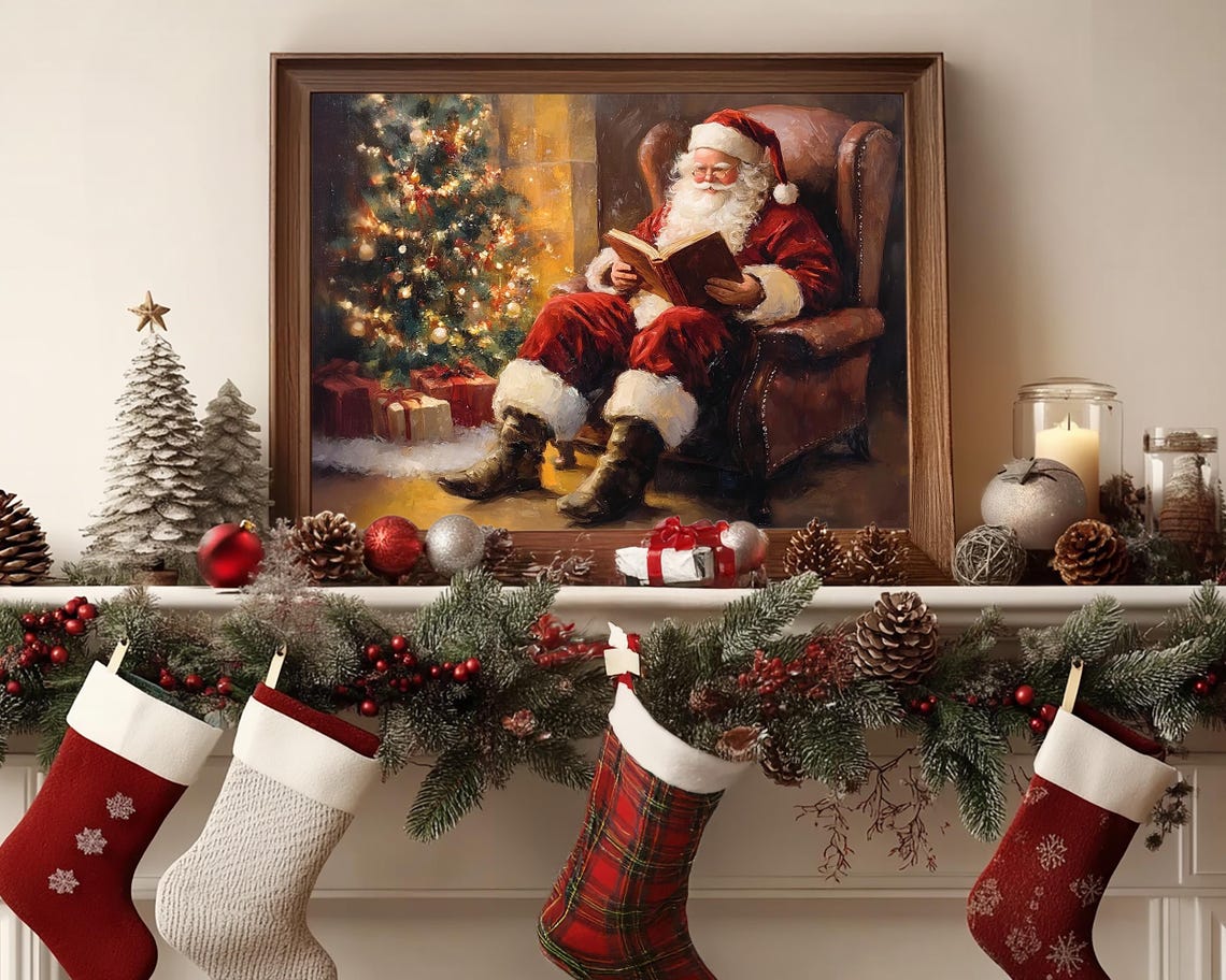 Vintage Santa Claus Reading in Armchair by Christmas Tree Poster - Image 5