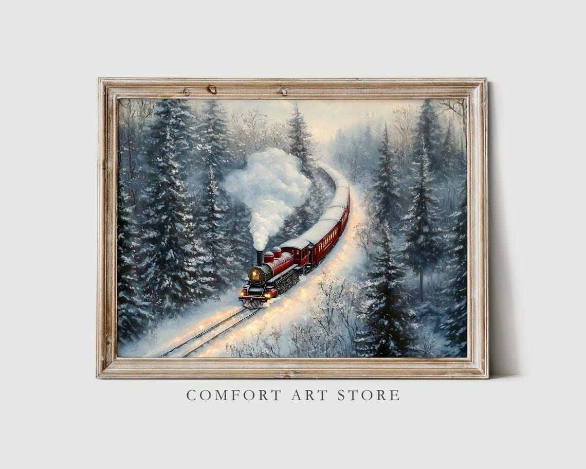 Classic Vintage Red Steam Train in Snowy Pine Forest Art Poster
