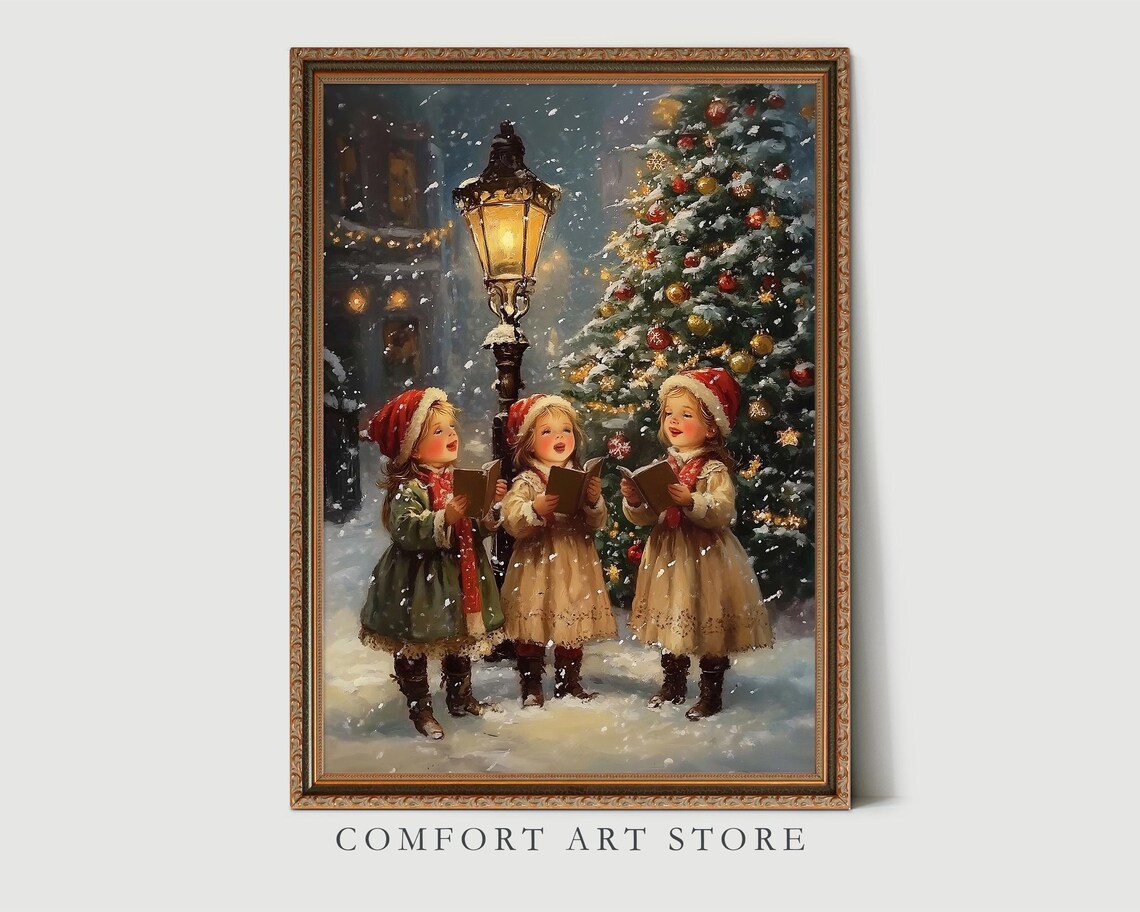Children Caroling Street Lamp Christmas Tree Vintage Storybook Poster - Image 8