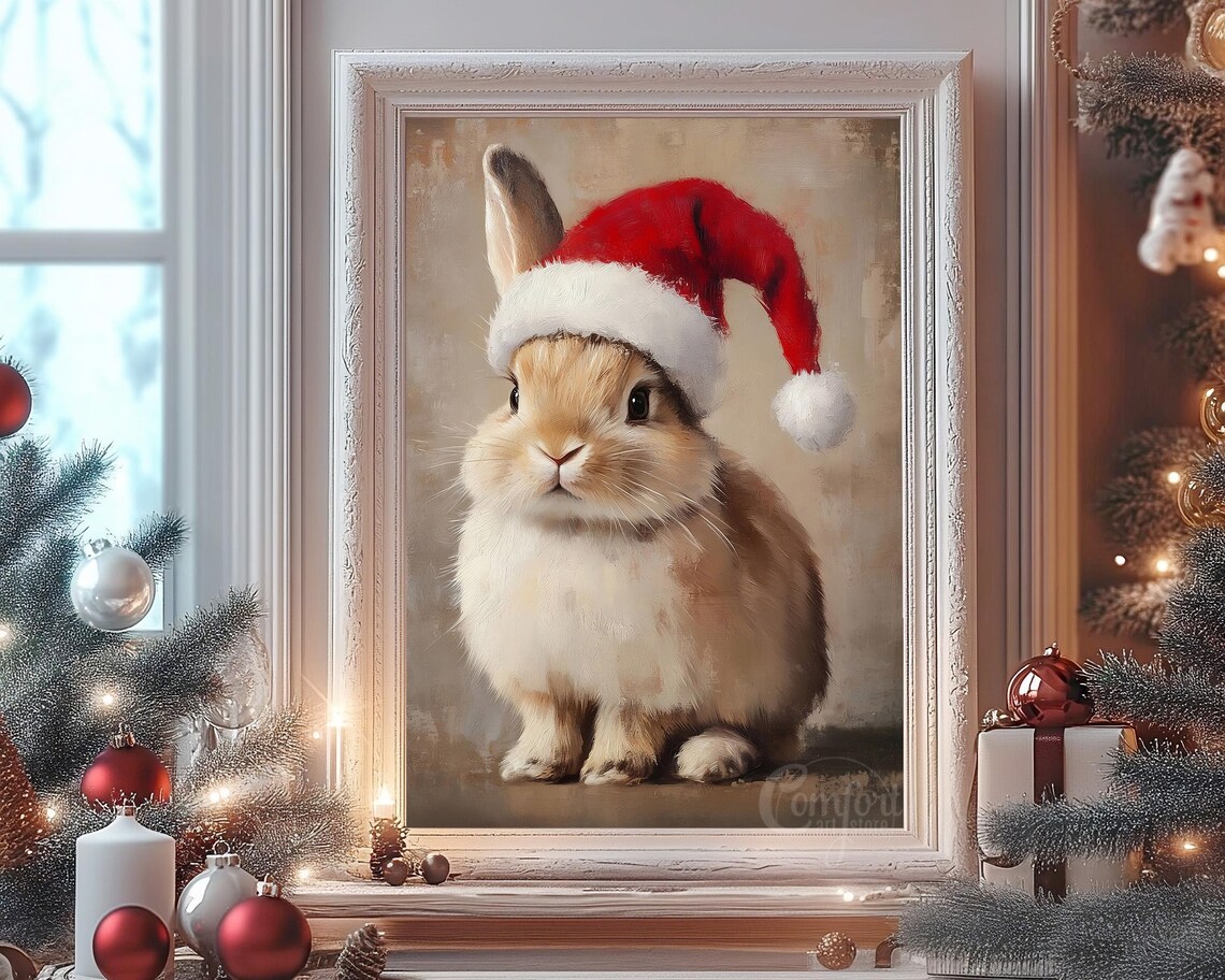 Adorable Bunny Wearing Santa Hat Christmas Portrait Art Poster - Image 8