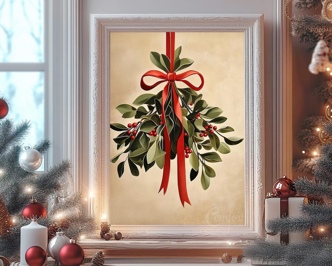 Christmas Mistletoe Sprig with Long Red Ribbon Holiday Print - Image 8