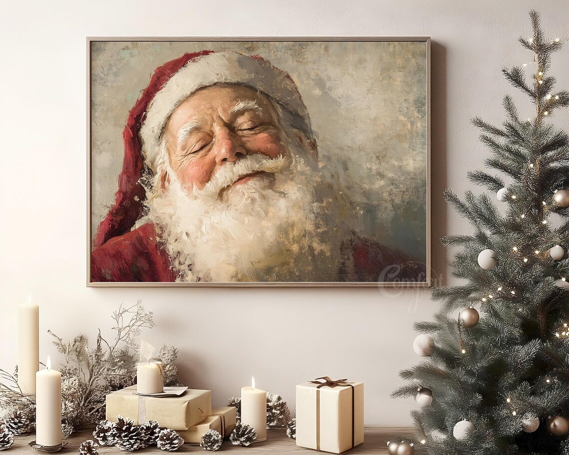 Antique Vintage Santa Claus Portrait Print Smiling Santa Claus Close Up Portrait Wall Art Christmas Scene Painting Neutral Print - Image 7
