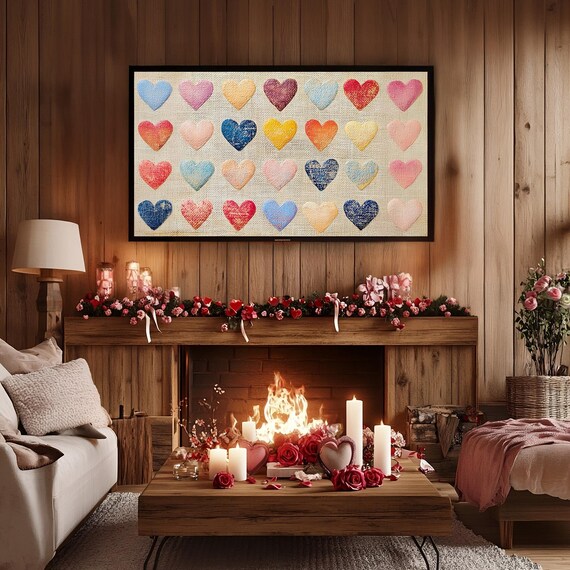 Valentines Day Frame Tv Art Frame Tv Red 3d Heart Frame Tv Vintage Fabric Valentines Rustic Heart Painting Moody Romantic Home Dcor
