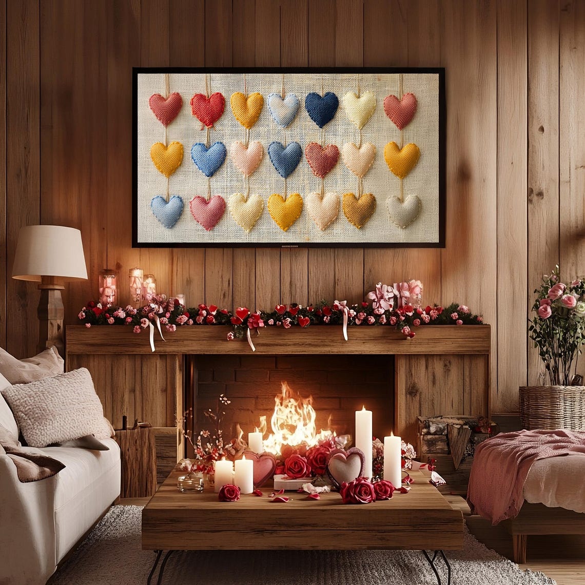 Valentines Stitched Heart Grid Farmhouse Embroidery Frame TV Wall Art - Image 2