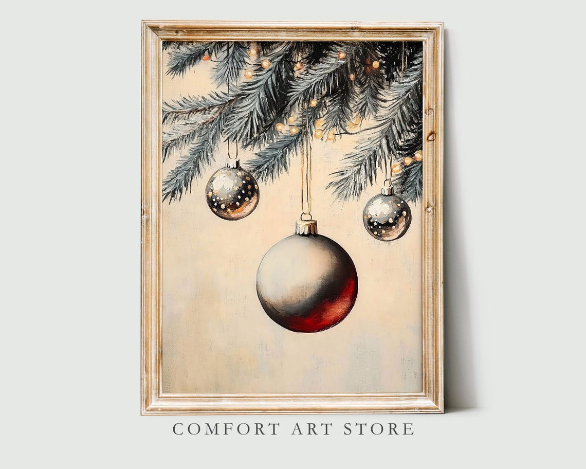 Silver and Red Christmas Ornaments Hanging Fir Branch Poster