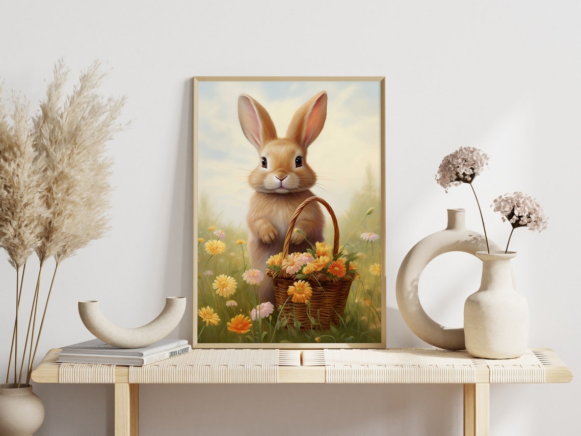 Sweet Bunny with Basket of Yellow Wildflowers in Spring Wall Art - Image 4