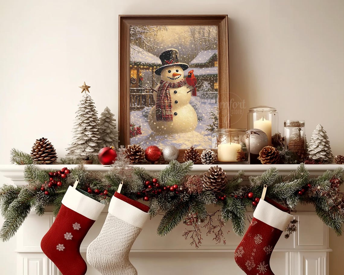 Vintage Christmas Wall Art Snowman Print Winter Cottage Red Cardinal Holiday Winter Decor Neutral Christmas Oil Painting Antique Snowman Art - Image 5