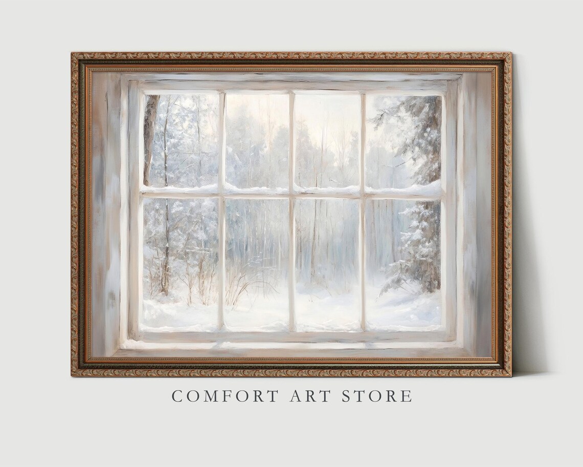 Antique Style Winter Window With Snowy Woodland View Vintage Print - Image 2
