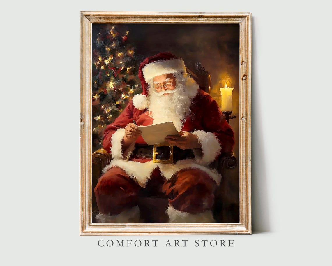 Santa Claus Reading Notes Beside the Christmas Tree Vintage Poster