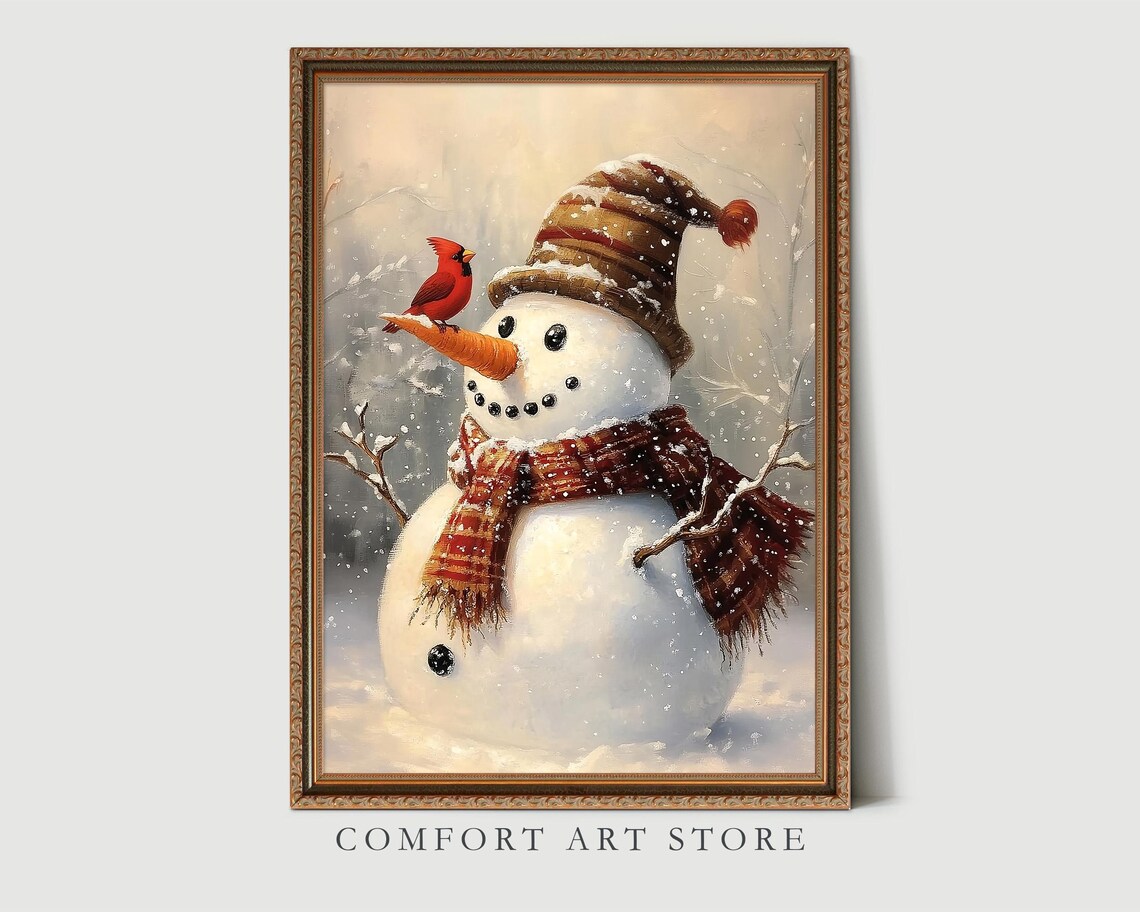 Vintage Christmas Wall Art Snowman Print Carrot Nose Red Cardinal Holiday Winter Decor Neutral Christmas Oil Painting Antique Snowman Print - Image 3