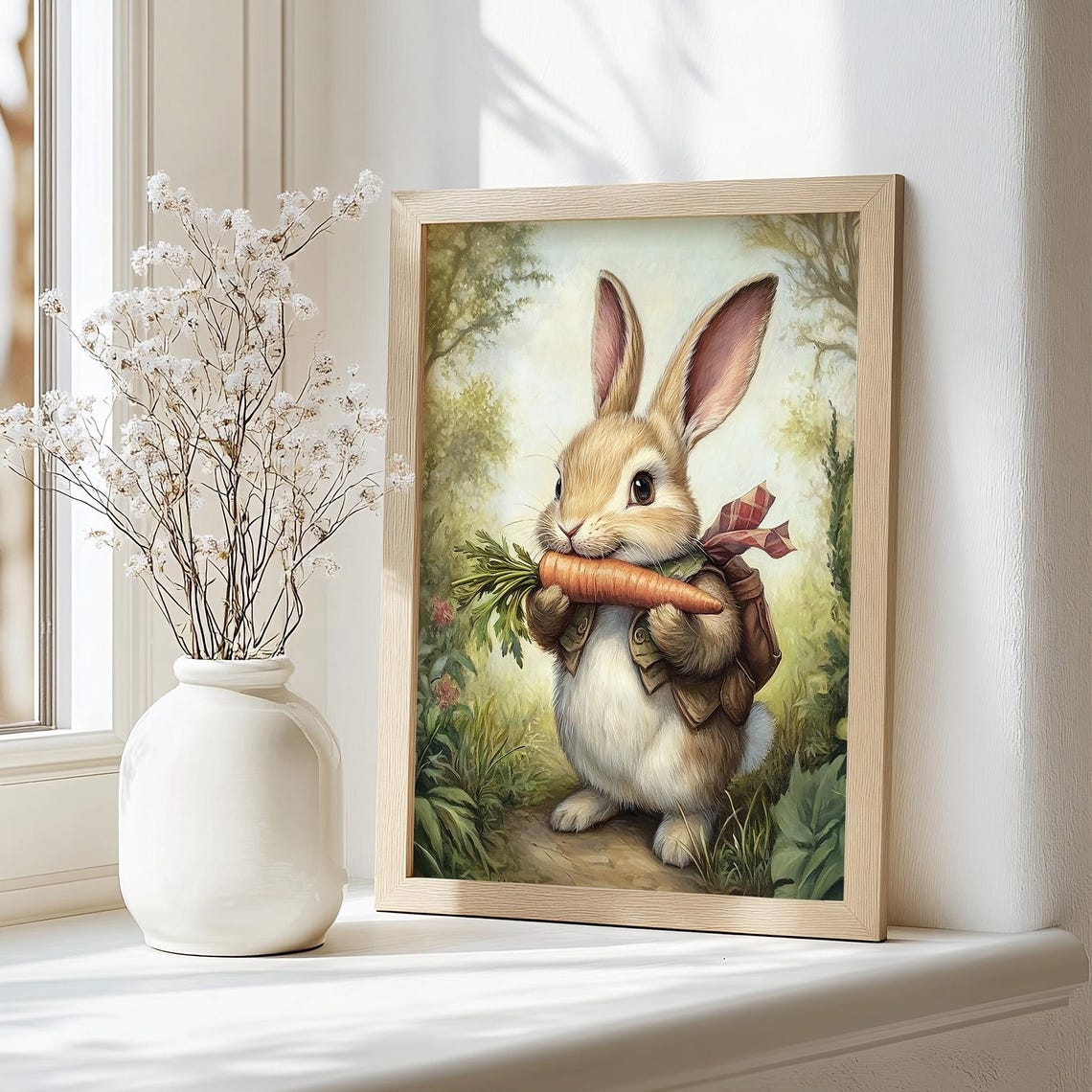 Easter Bunny Print Cute Easter Rabbit Neutral Spring Flower Easter Bunny Carrot Nursery Wall Art Easter Vintage Decor Rabbit Art - Image 2