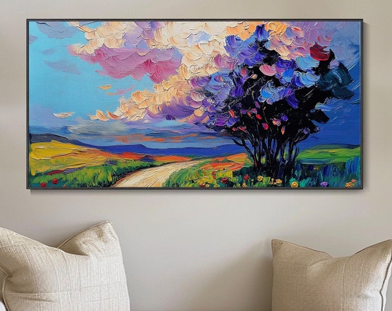 Abstract Landscape Hand Painted Pastoral Decor Painting Original Colorful Sky Decor Oil Painting Modern Fashion Living Room Wall Art
