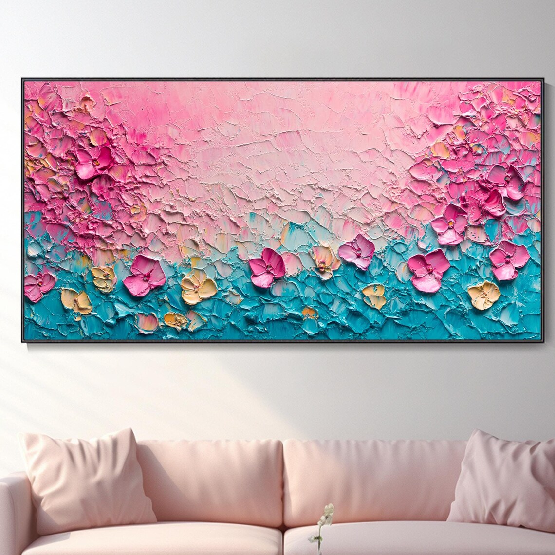 Pink Floral Abstract On Teal Heavy Impasto Flower Painting Poster